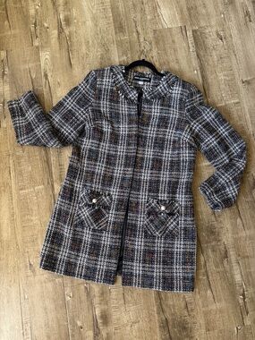 Karl Lagerfeld Black White Fringe Plaid Tweed Long Open Front Topper Jacket Lg